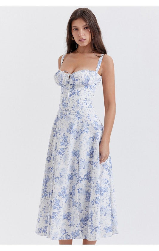 Vestido midi Corset Blanco con print floral celeste. Talla pequeña