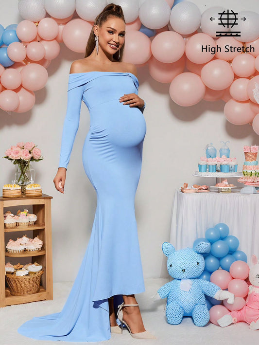 Vestido maternidad largo celeste de un hombro