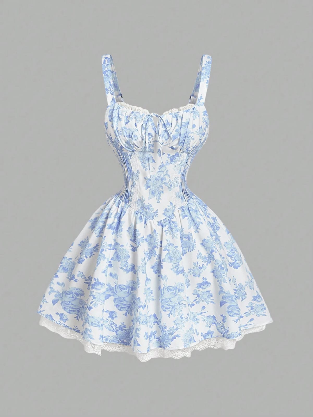 Vestido corto coquette de tirantes estampado azul