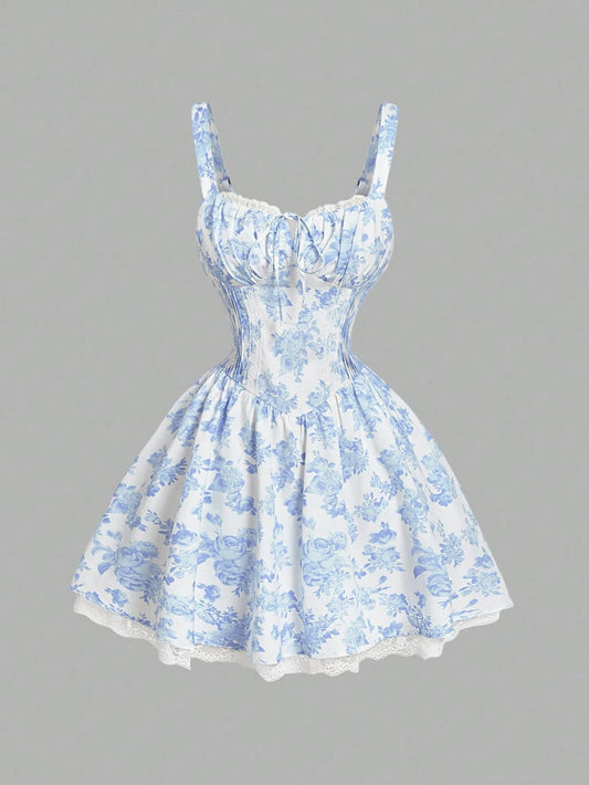 Vestido corto coquette de tirantes estampado azul