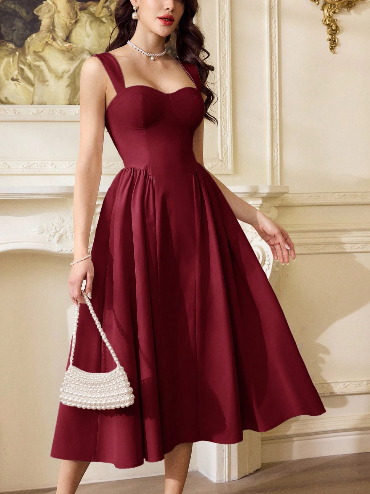 Vestido rojo elagante con bolsillos estilo midi