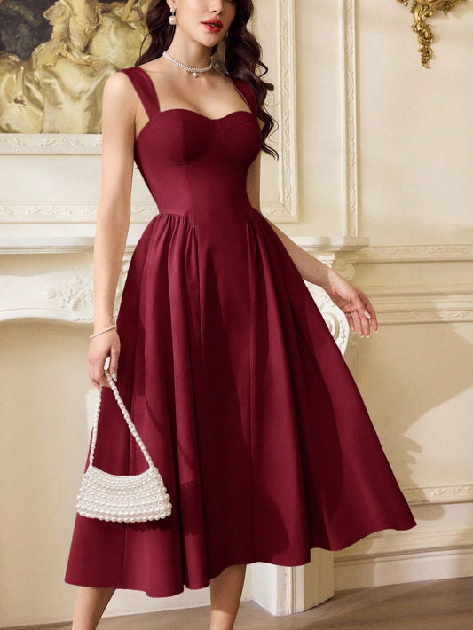 Vestido rojo elagante con bolsillos estilo midi