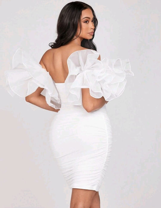 Vestido maternidad midi blanco hombros descubiertos