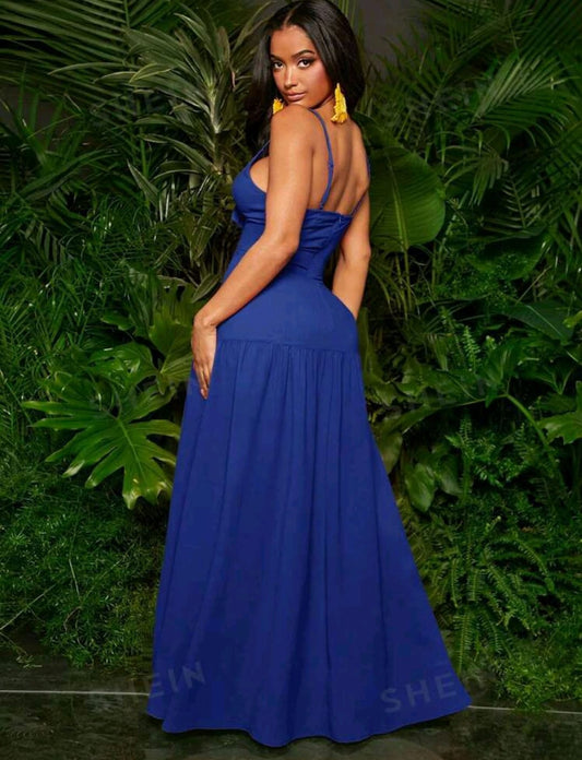 Vestido largo con lazo en el busto Azul sin mangas