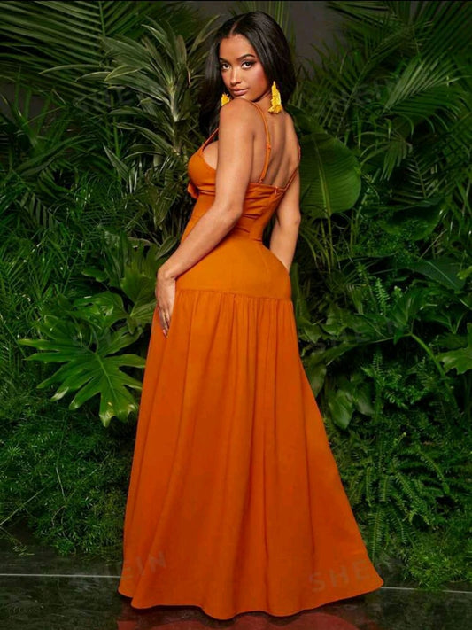 Vestido maxi con lazo en el busto naranja, sin mangas