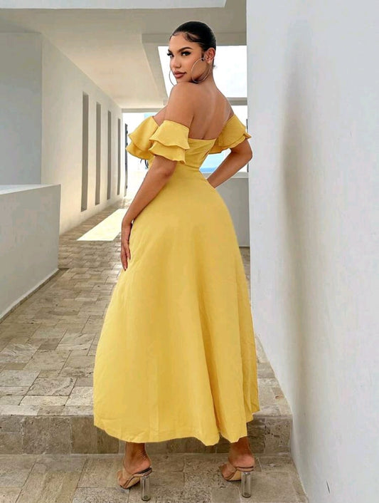 Vestido midi amarillo largo, hombros caidos