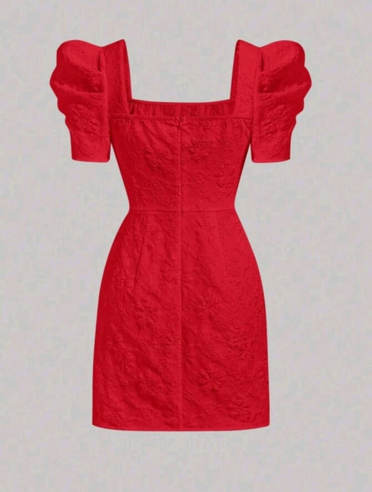Vestido Corto Rojo Escote Cuadrado Y Mangas Abullonadas