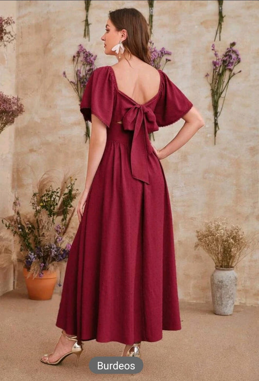 Vestido largo rojo vino con mangas y lazo en espalda