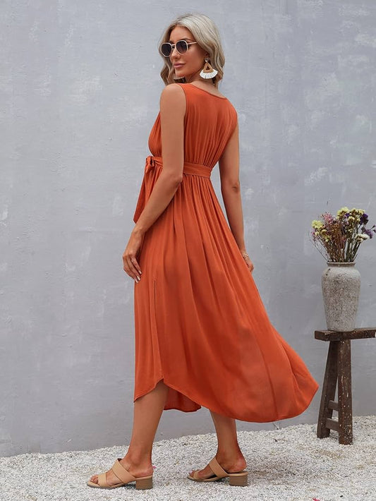 Vestido midi naranja sin mangas