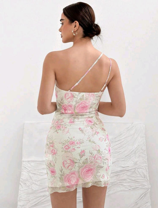 Vestido ajustado de un hombro estampado floral