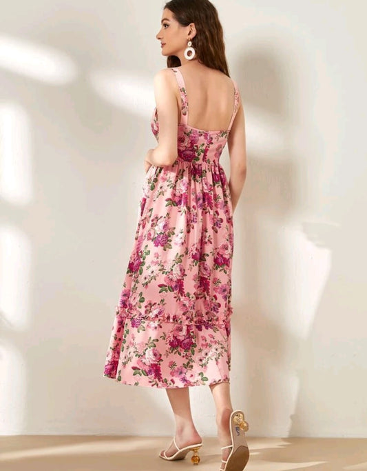 Vestido largo de tirantes con estampado floral rosa