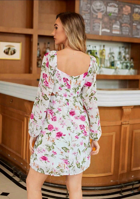 Vestido Estampado Flores Manga larga rosado a la rodilla