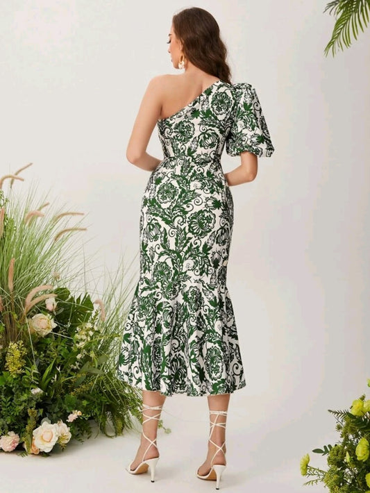 Vestido midi de una manga estampado verde