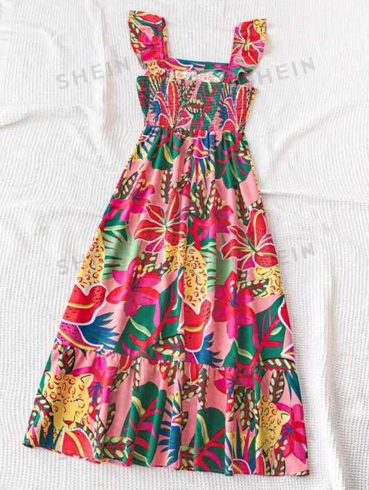Vestido maxi con Cuello Cuadrado con estampado de colores