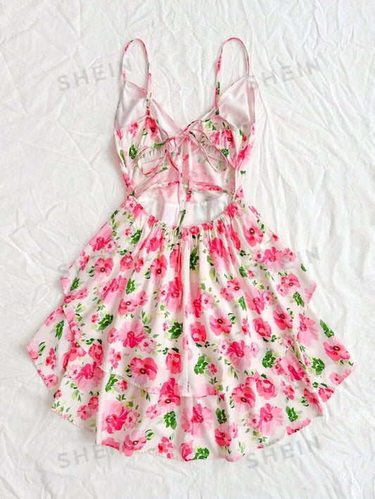 Vestido estampado floral rosado con verde de tirantes