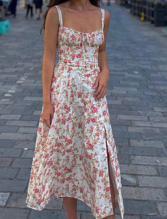 Vestido estampado de tirantes con corset blanco