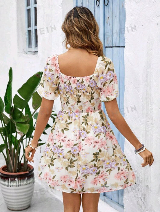 Vestido Estampado Flores verde con mangas