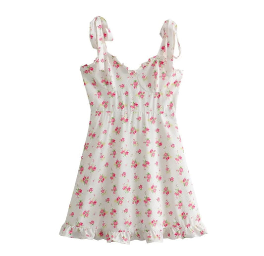 Vestido corto estampado blanco con rosa de tirantes