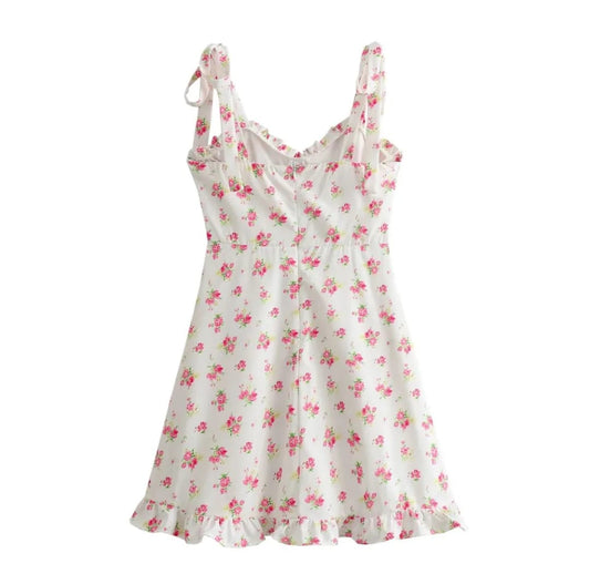 Vestido corto estampado blanco con rosa de tirantes