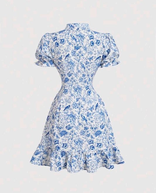 Vestido corto estampado azul cuello chino
