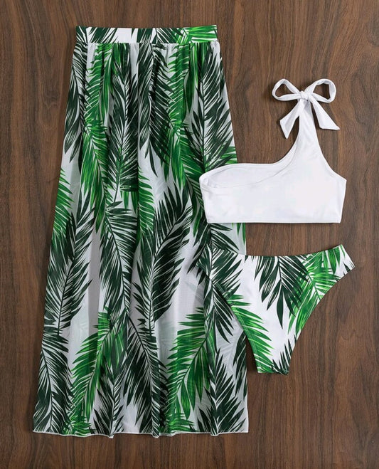 Traje de baño Blanco Estampado Hojas 3pcs