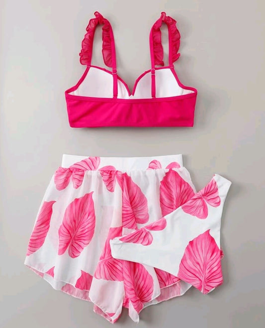 Traje de baño 3 piezas de short rosado