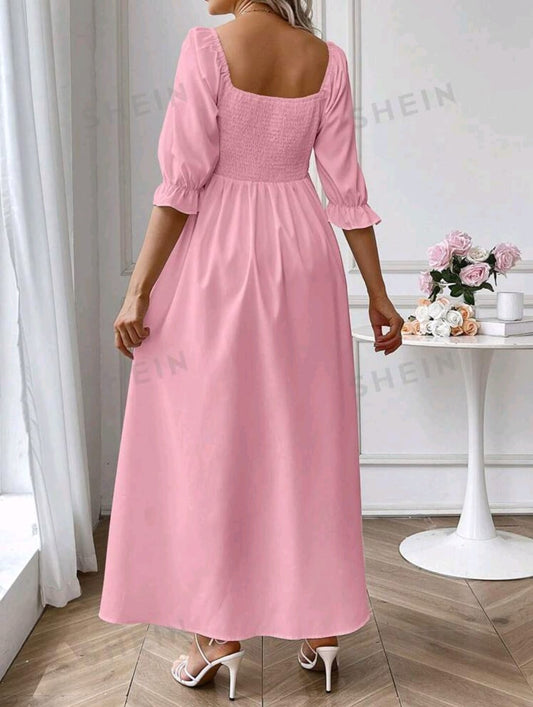 Vestido de maternidad largo rosado con cuello cuadrado para babyshowers y revelación de genero