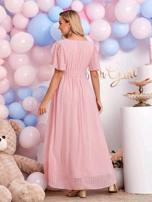 Maternidad Vestido de cuello cruzado con cinturón de lunares de gasa rosado