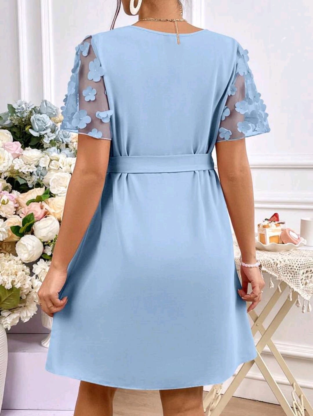 Vestido Mangas con flores - Celeste