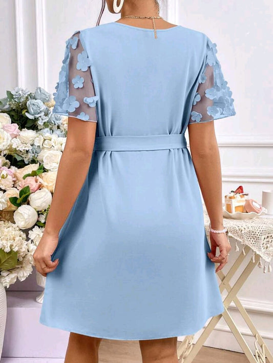 Vestido Mangas con flores - Celeste