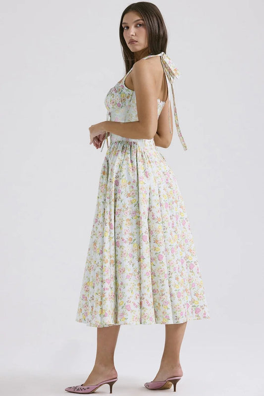 Vestido halter midi verde con print
