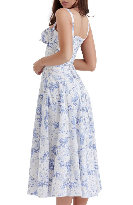 Vestido midi Corset Blanco con print floral celeste. Talla pequeña