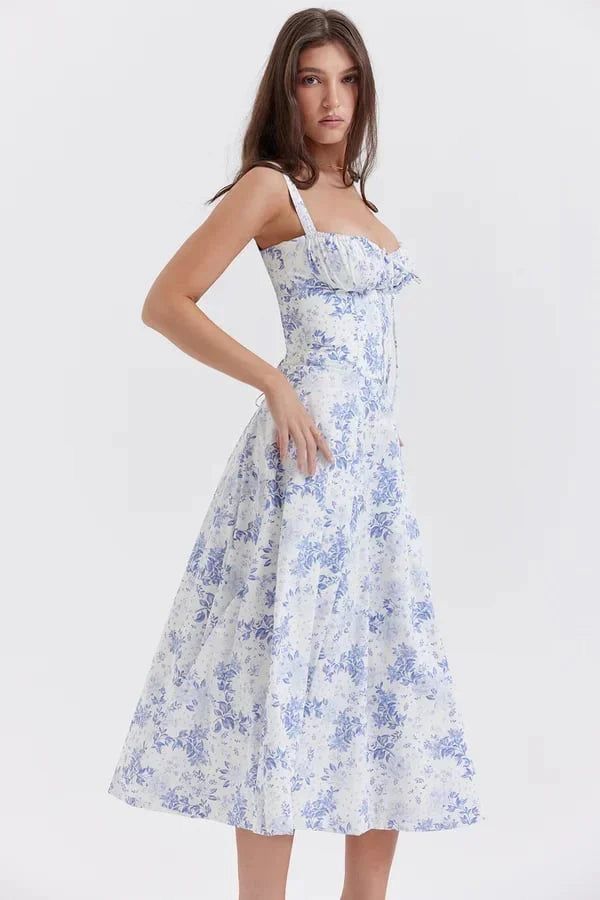 Vestido midi Corset Blanco con print floral celeste. Talla pequeña