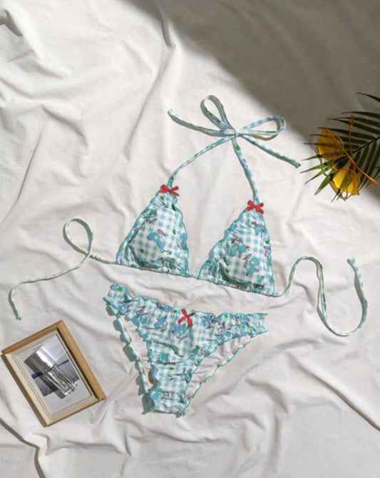 Traje de baño dos piezas estampado celeste