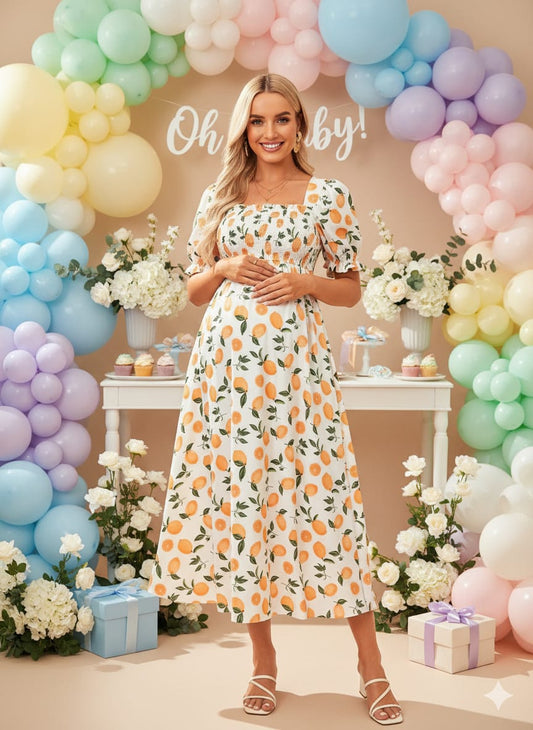 Vestido maternidad estampado de limones tipo midi con mangas y cuello cuadrado