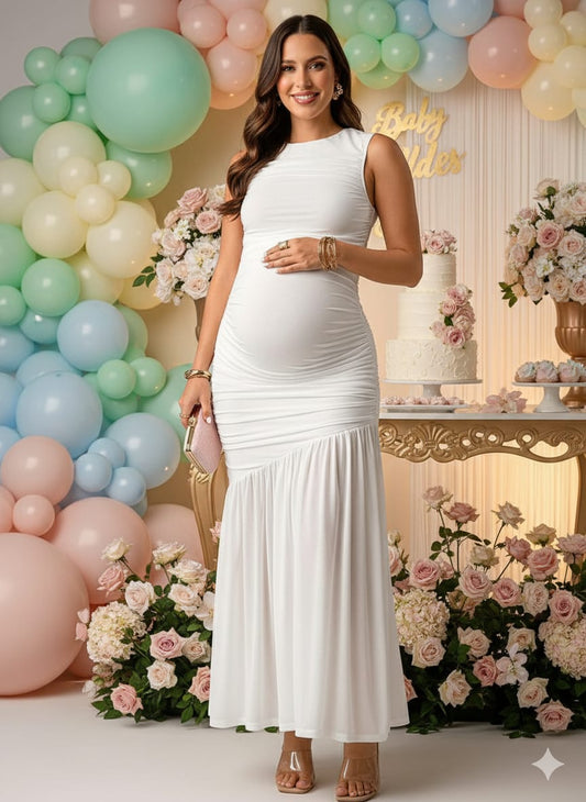 Vestido blanco de maternidad sin mangas largo ajustado al cuerpo