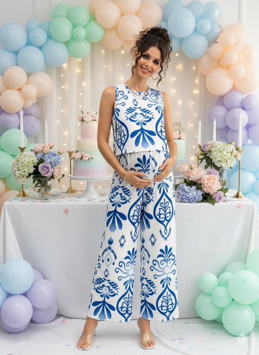 Conjunto de maternidad de top y pantalón estampado azul