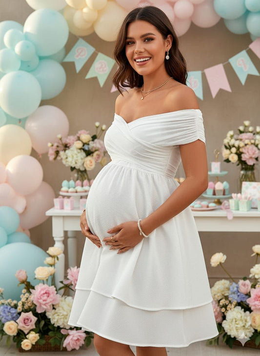 Vestido maternidad corto blanco hombros descubiertos elegante para babyshower y revelación de genero