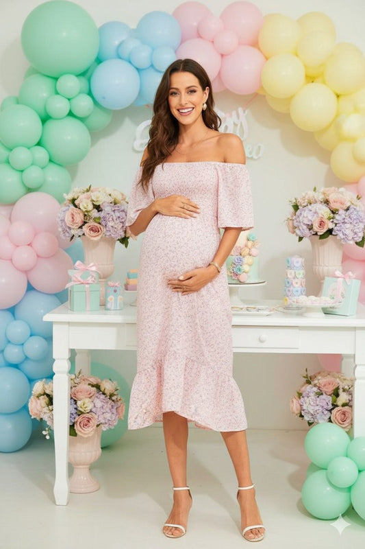 Vestido De Maternidad estampado rosa midi con hombros descubiertos perfecto para babyshowers y eventos espciales de día