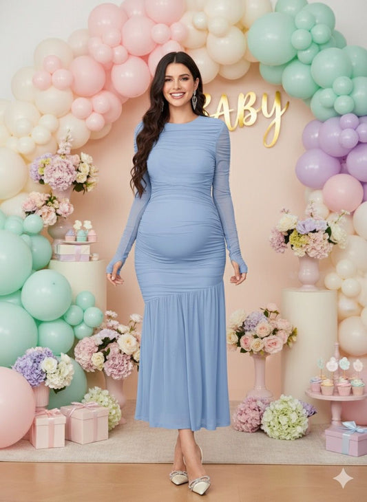 vestido de maternidad de cuello redondo, manga larga, largo celeste