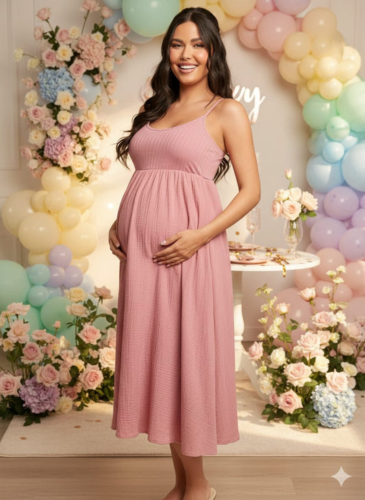 Vestido midi de tirantes con tela de algodón y lino para maternidad rosa fresco para el verano