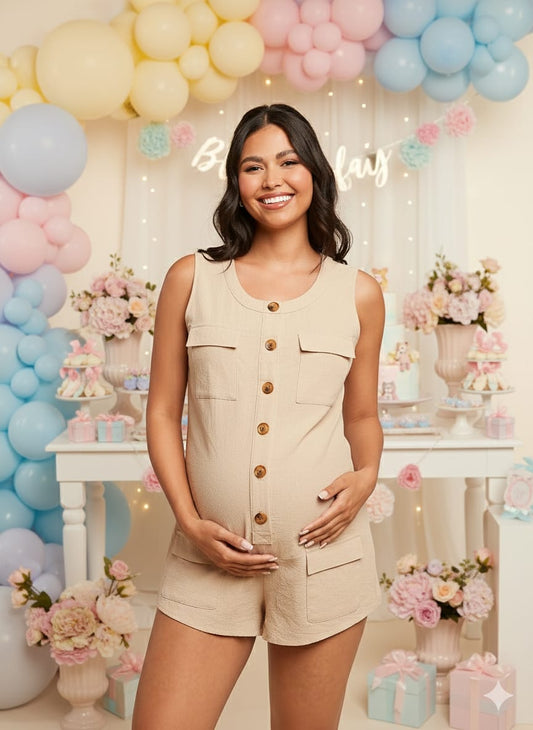 Romper lactancia de algodón y lino para maternidad crema