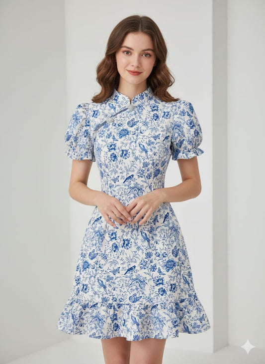 Vestido corto estampado azul cuello chino