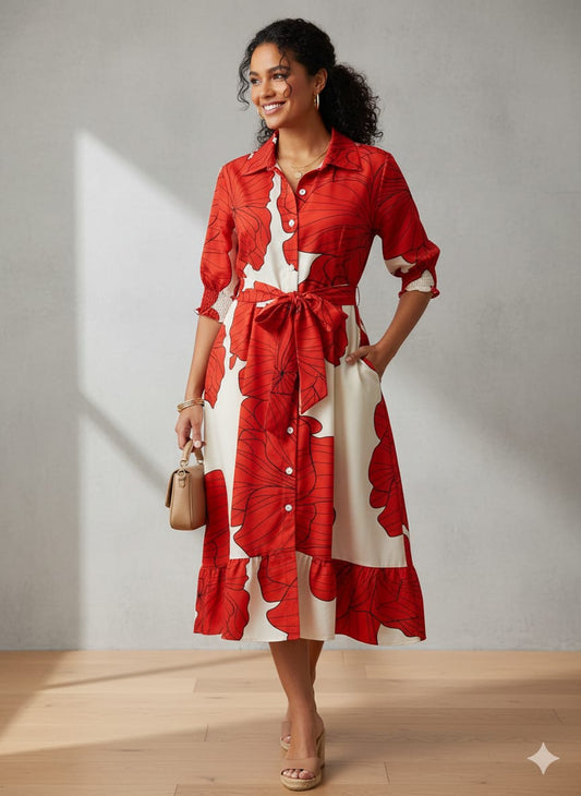 Vestido oversize camisero estampado rojo