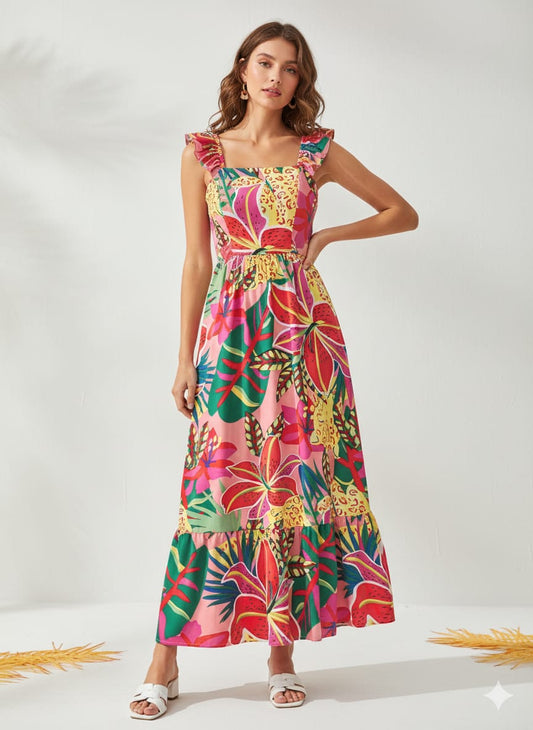 Vestido maxi con Cuello Cuadrado con estampado de colores