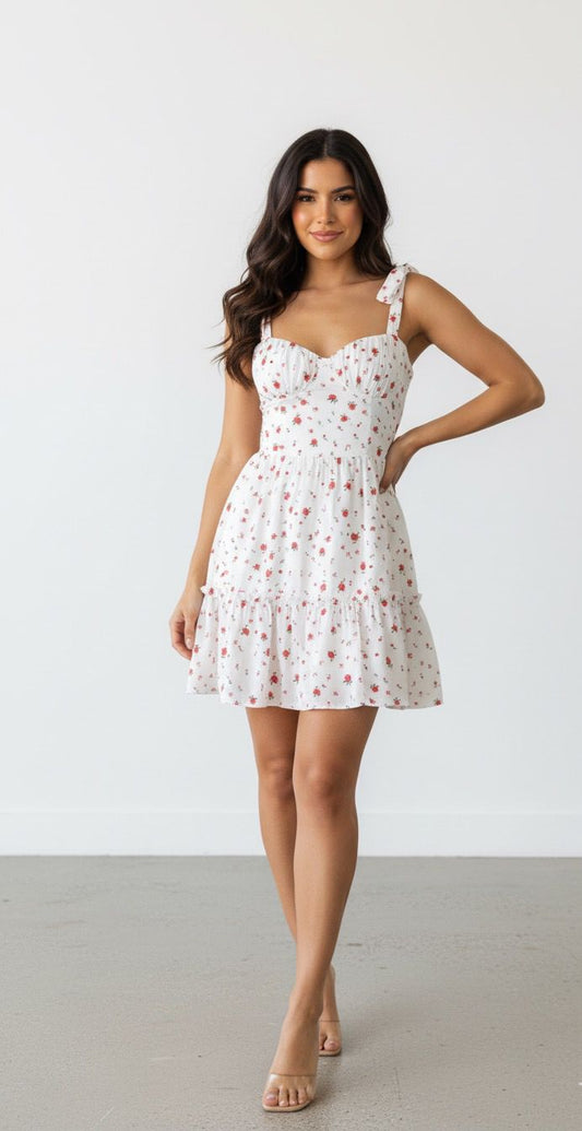 Vestido estilo coquette corto con tirantes, con corset, perfecto para verano, bautizos, brunch color blancoy eventos casuales