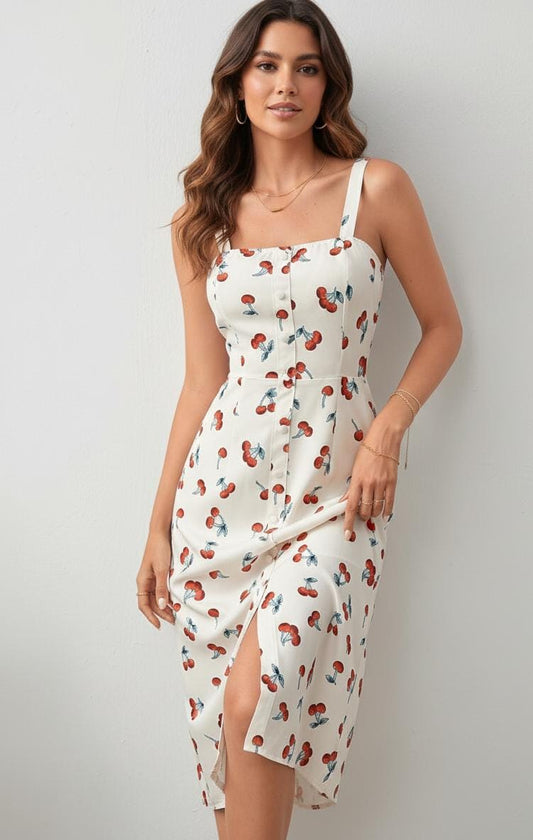 Vestido midi estampado de cerezas de tirantes