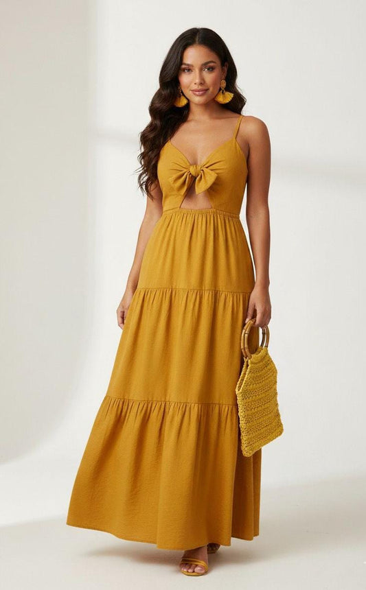 Vestido largo con lazo en el busto amarillo, sin mangas