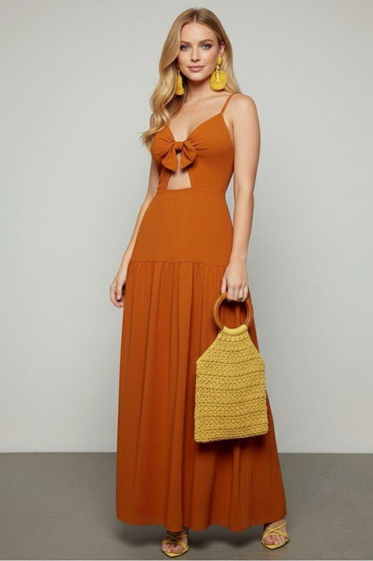 Vestido maxi con lazo en el busto naranja, sin mangas