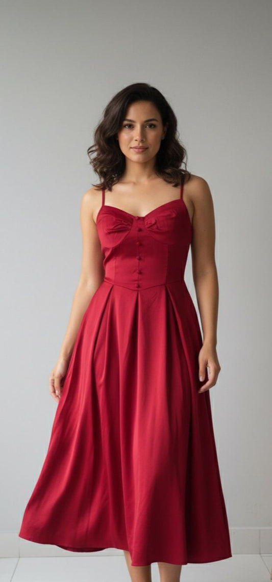 Vestido rojo elegante midi de tirantes para eventos casuales de día sin mangas
